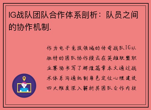 IG战队团队合作体系剖析：队员之间的协作机制.