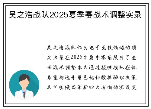 吴之浩战队2025夏季赛战术调整实录